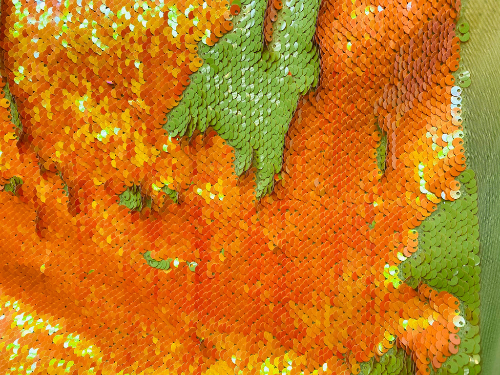 Reversible Sequins - Neon Yellow / Neon Orange - Mermaid Sequins Stretch Fabric By Yard