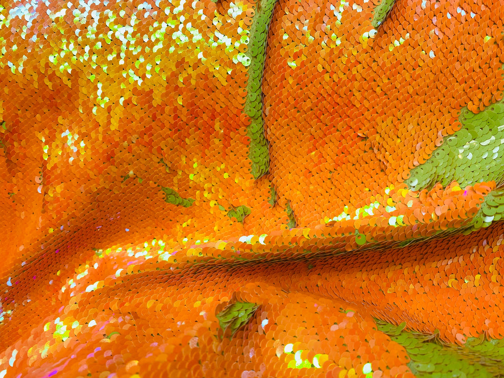 Reversible Sequins - Neon Yellow / Neon Orange - Mermaid Sequins Stretch Fabric By Yard