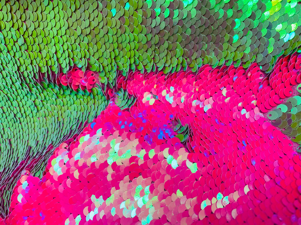 Reversible Sequins - Hot Pink / Lime Green - Mermaid Sequins Stretch Fabric By Yard