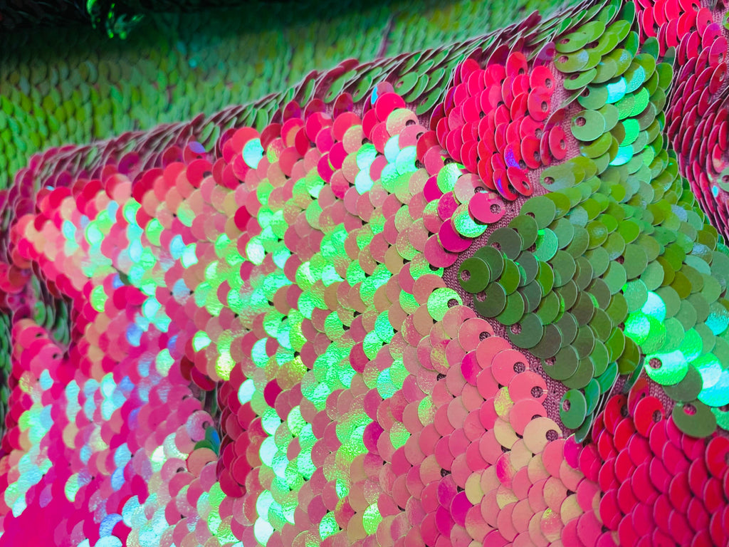 Reversible Sequins - Hot Pink / Lime Green - Mermaid Sequins Stretch Fabric By Yard