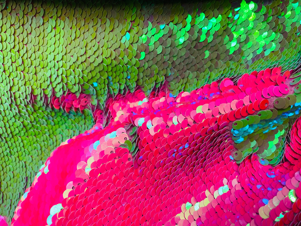 Reversible Sequins - Hot Pink / Lime Green - Mermaid Sequins Stretch Fabric By Yard