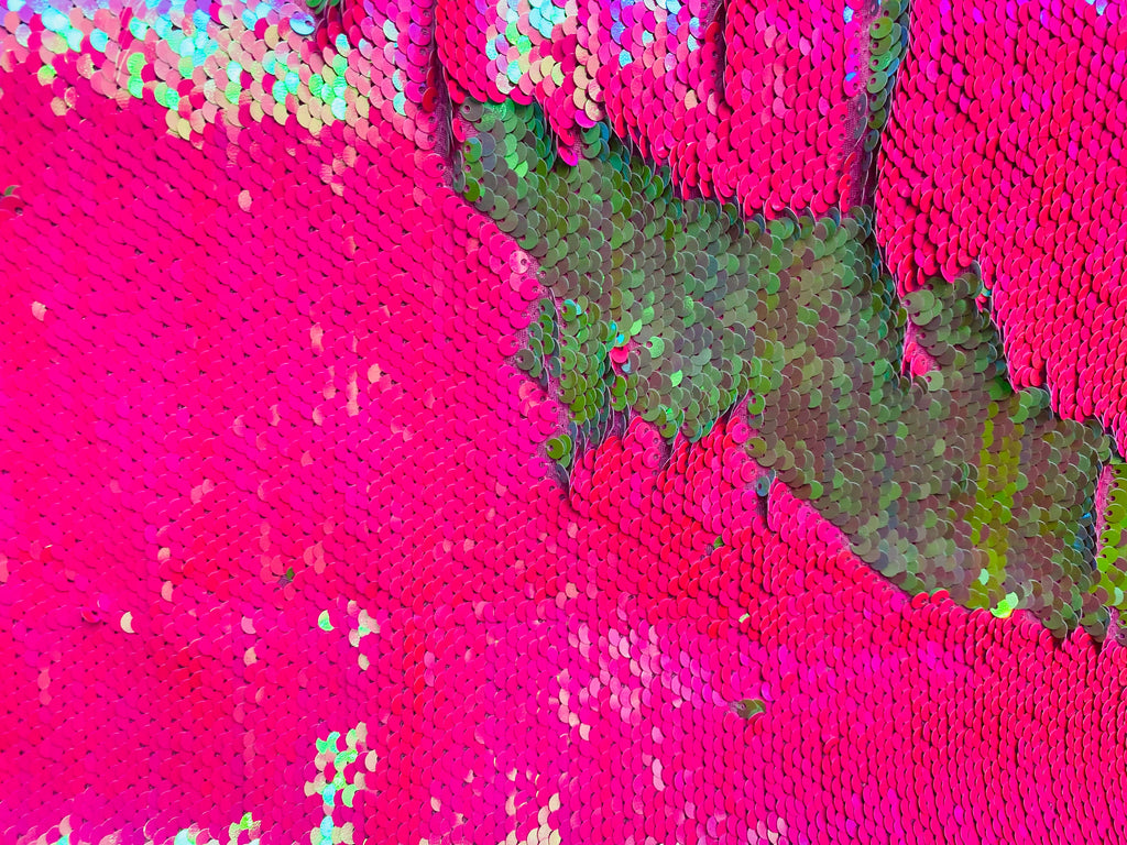 Reversible Sequins - Hot Pink / Lime Green - Mermaid Sequins Stretch Fabric By Yard