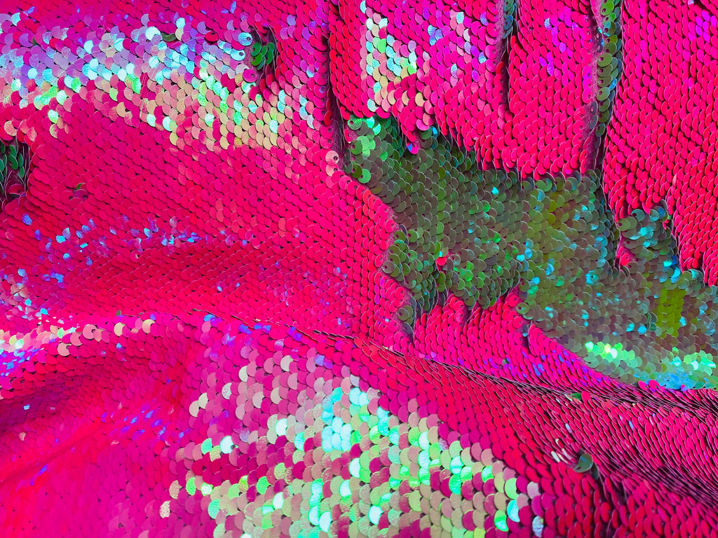 Reversible Sequins - Hot Pink / Lime Green - Mermaid Sequins Stretch Fabric By Yard