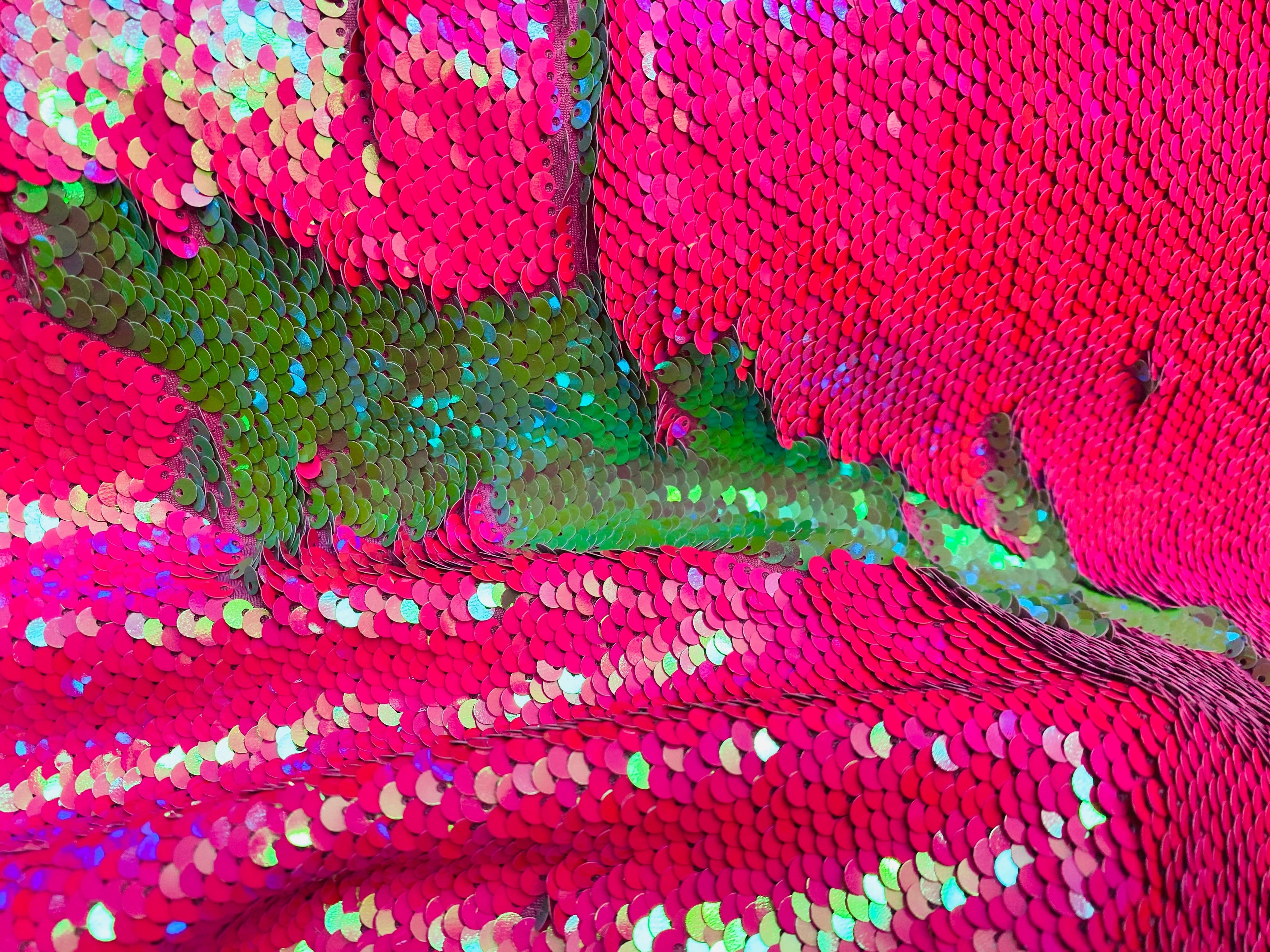 Reversible Sequins - Hot Pink / Lime Green - Mermaid Sequins Stretch Fabric By Yard