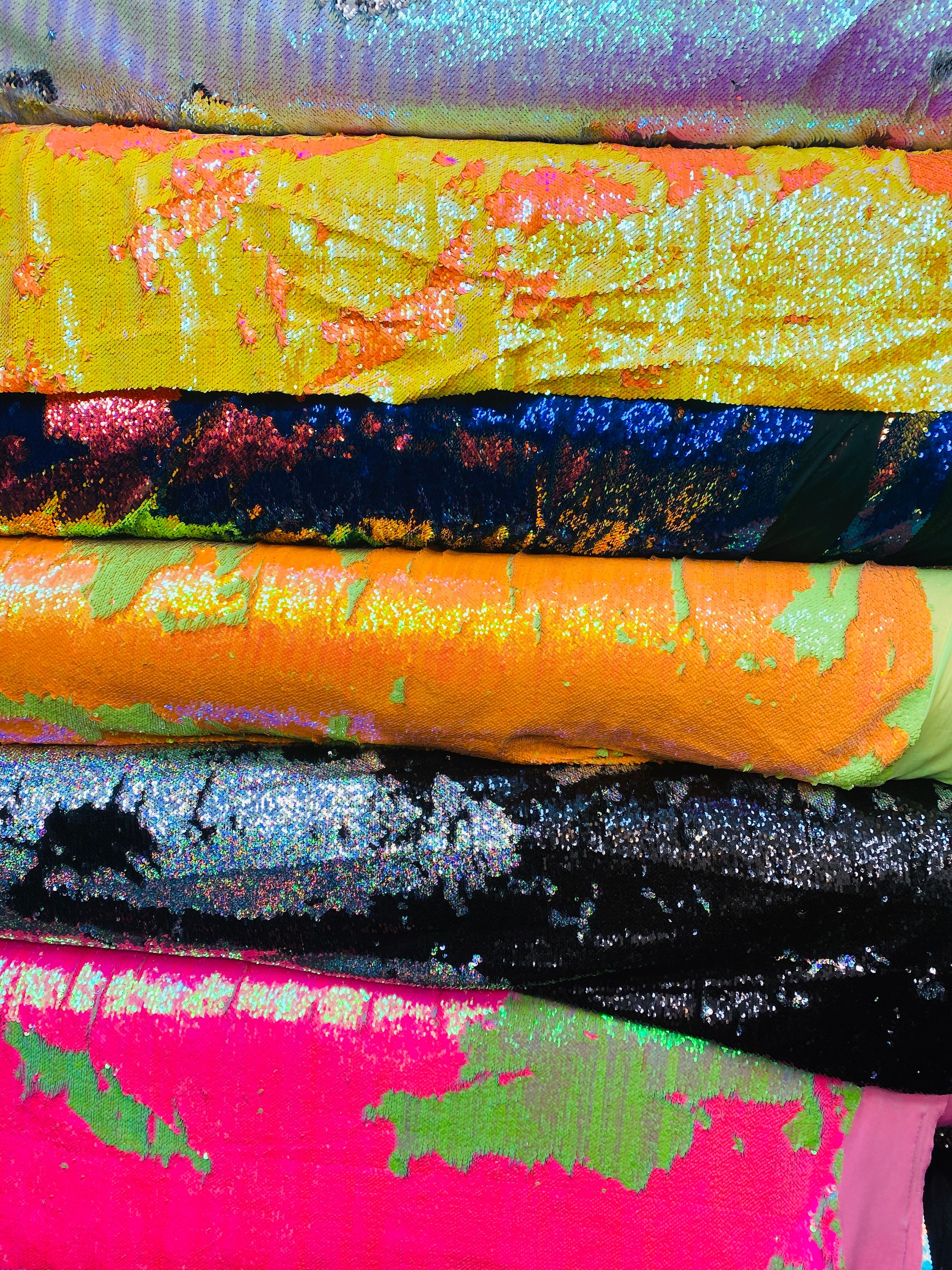 Reversible Sequins - Yellow / Orange - Mermaid Sequins Stretch Fabric By Yard