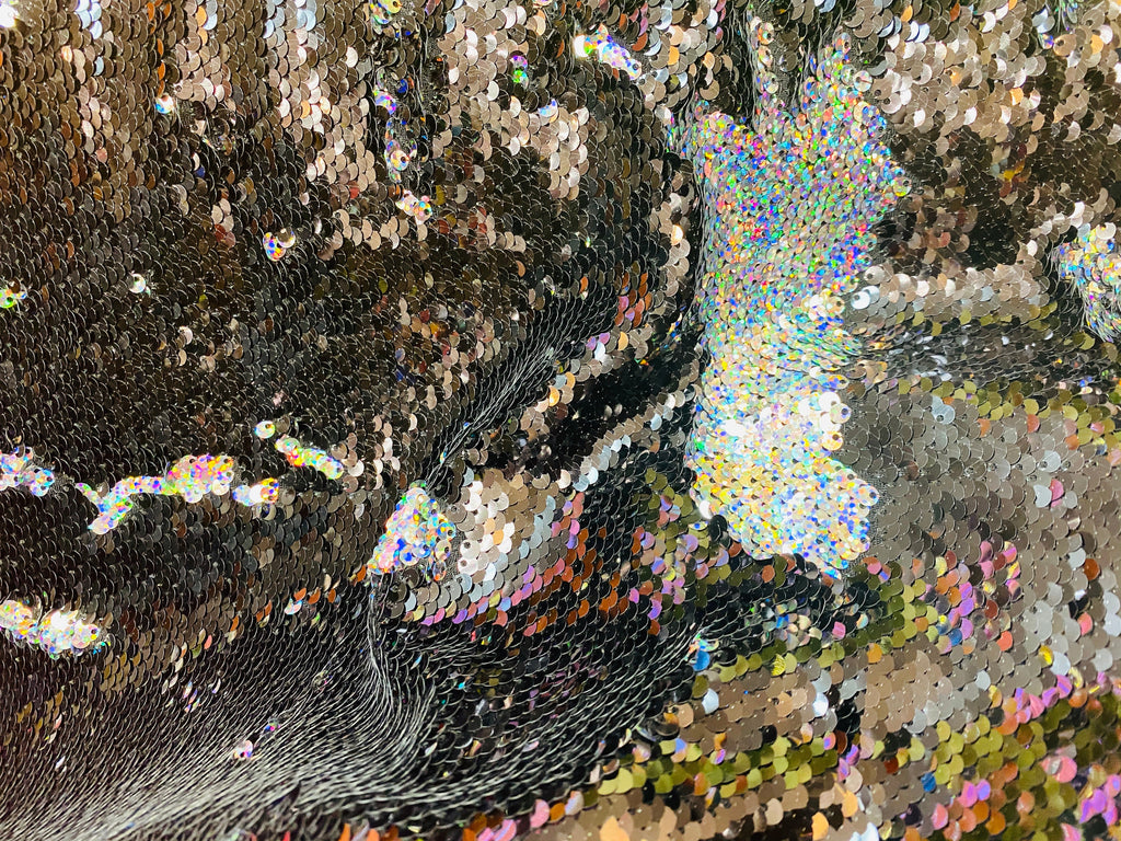 Reversible Sequins - Holographic Silver / Black - Mermaid Sequins Stretch Fabric By Yard