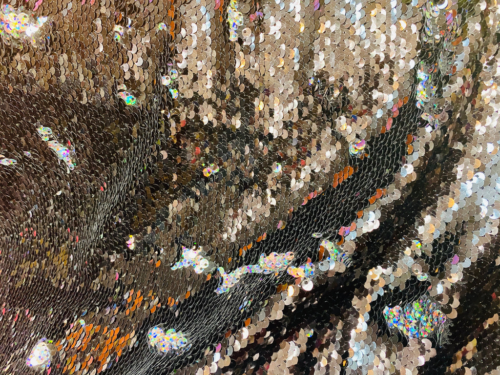 Reversible Sequins - Holographic Silver / Black - Mermaid Sequins Stretch Fabric By Yard