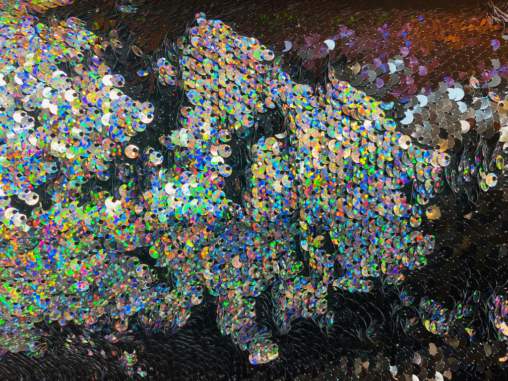 Reversible Sequins - Holographic Silver / Black - Mermaid Sequins Stretch Fabric By Yard