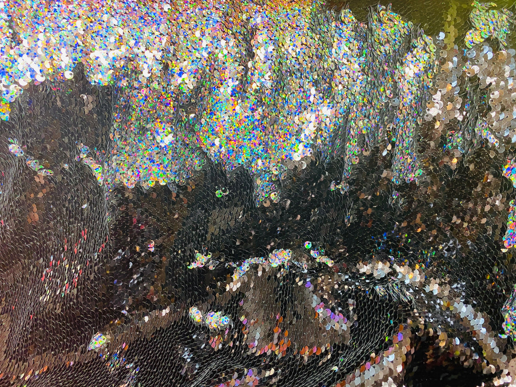 Reversible Sequins - Holographic Silver / Black - Mermaid Sequins Stretch Fabric By Yard