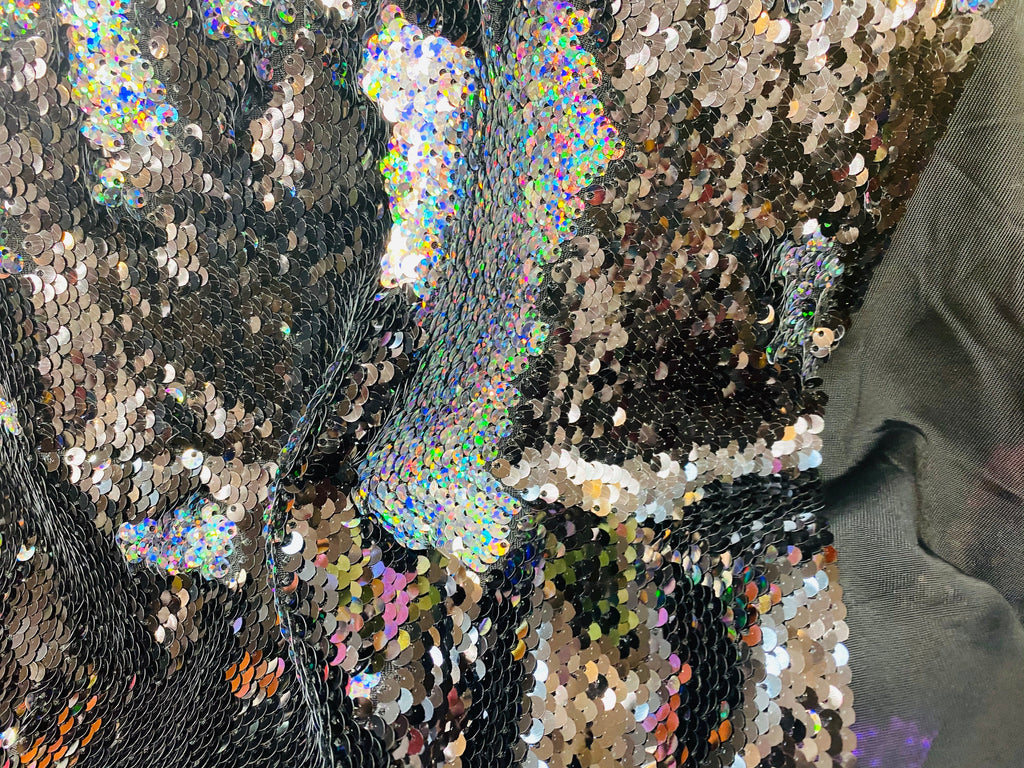 Reversible Sequins - Holographic Silver / Black - Mermaid Sequins Stretch Fabric By Yard