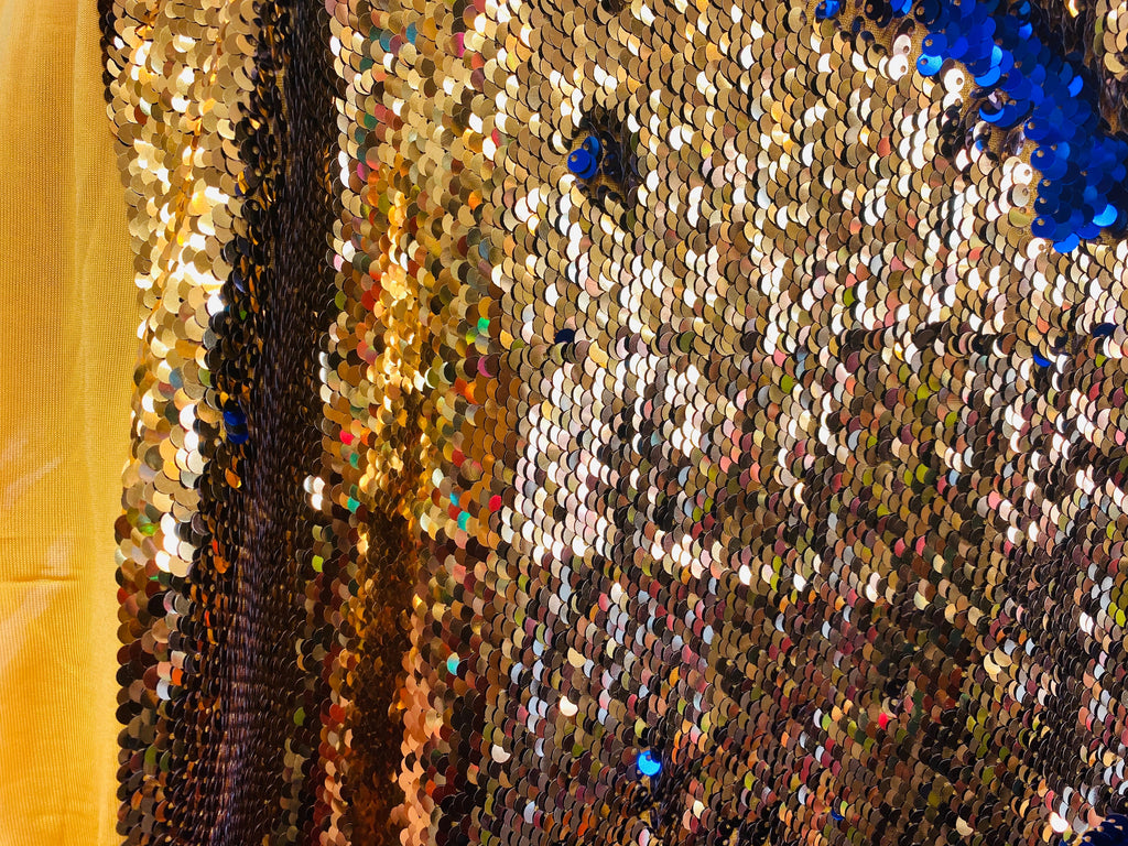 Reversible Sequins - Royal Blue / Gold - Mermaid Sequins Stretch Fabric By Yard