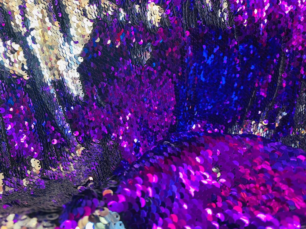 Reversible Sequins - Purple / Silver - Mermaid Sequins Stretch Fabric By Yard