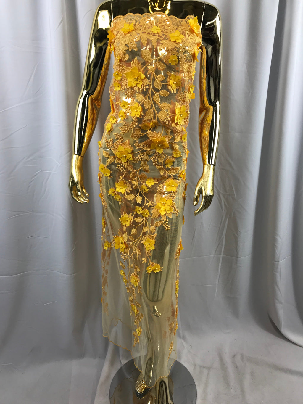 Flower 3D Fabric - Yellow - Embroided Fabric Flower Pearls and Leaf Decor Sold by The Yard