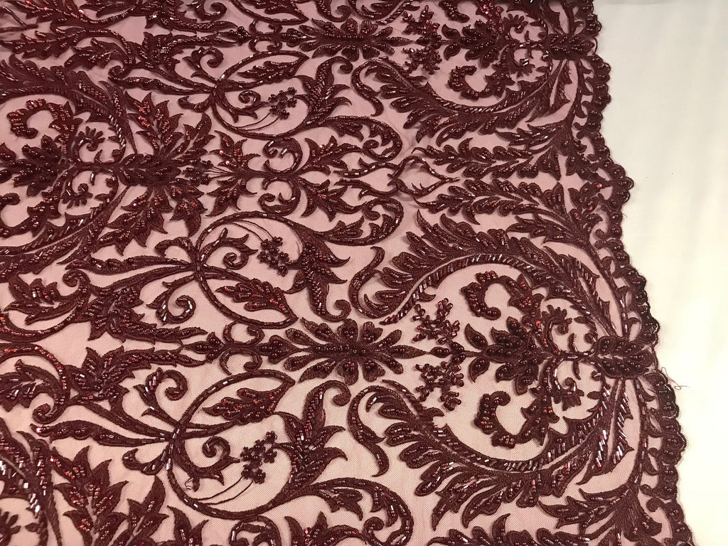 Embroided - Burgundy Beaded Damask Pattern Fabric Embroidery Lace Design Fabrics Sold By The Yard