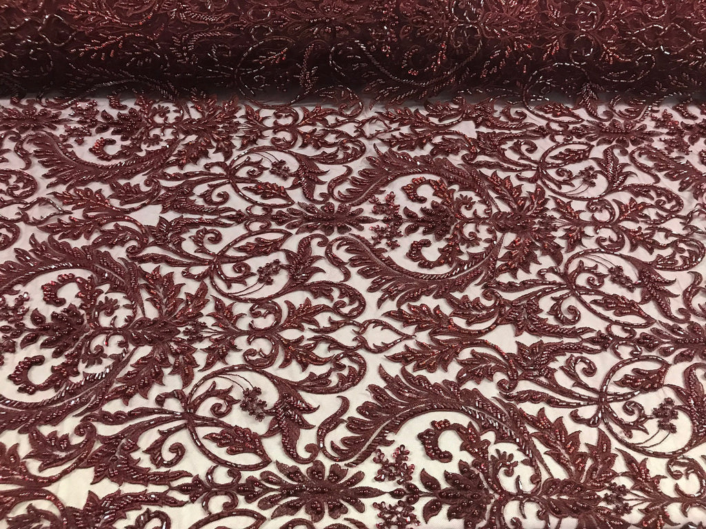 Embroided - Burgundy Beaded Damask Pattern Fabric Embroidery Lace Design Fabrics Sold By The Yard