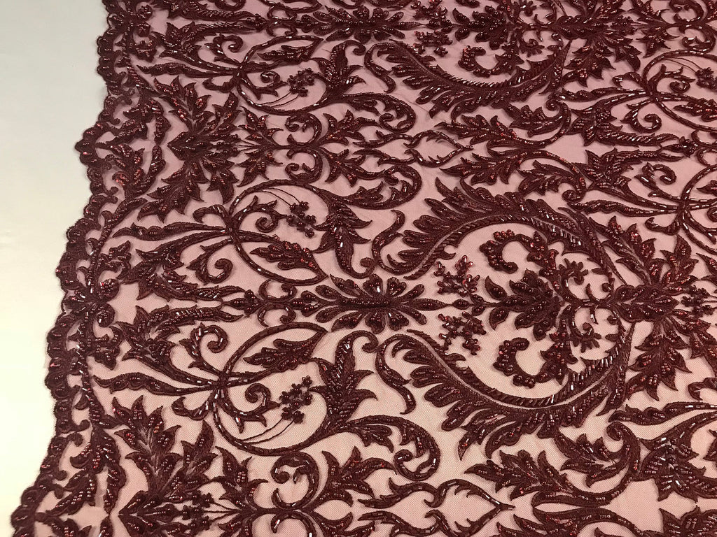 Embroided - Burgundy Beaded Damask Pattern Fabric Embroidery Lace Design Fabrics Sold By The Yard
