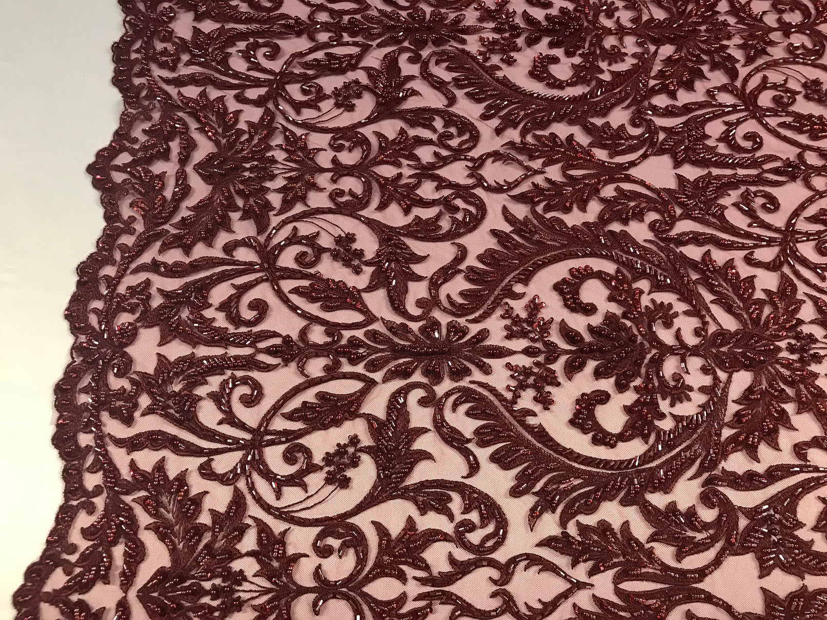 Embroided - Burgundy Beaded Damask Pattern Fabric Embroidery Lace Design Fabrics Sold By The Yard