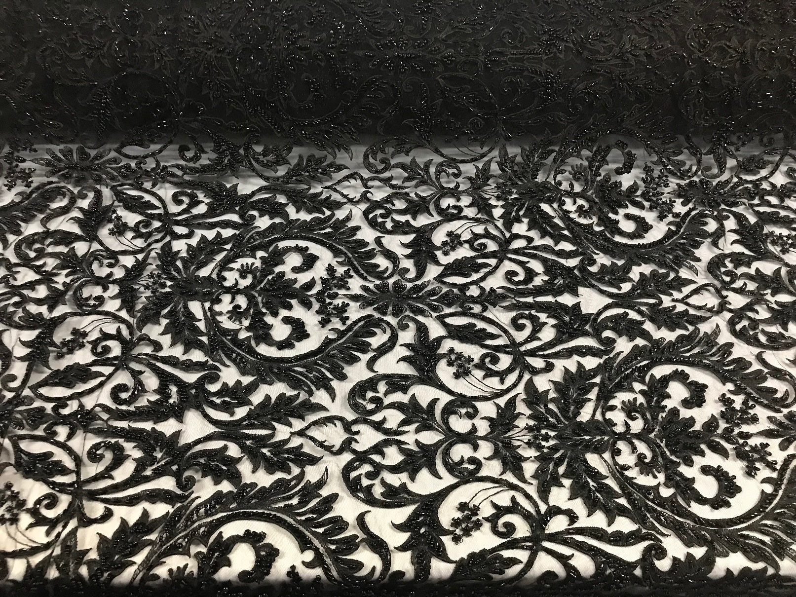 Embroided - Black - Beaded Damask Pattern Fabric Embroidery Lace Design Fabrics Sold By The Yard