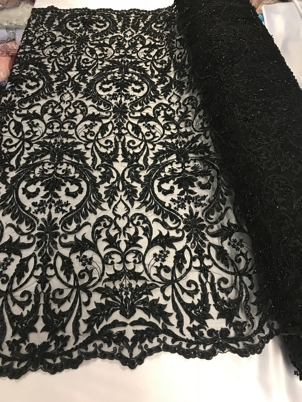 Embroided - Black - Beaded Damask Pattern Fabric Embroidery Lace Design Fabrics Sold By The Yard