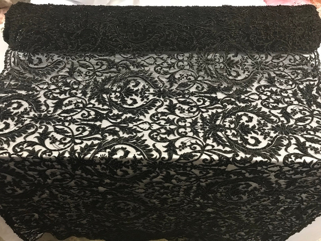 Embroided - Black - Beaded Damask Pattern Fabric Embroidery Lace Design Fabrics Sold By The Yard