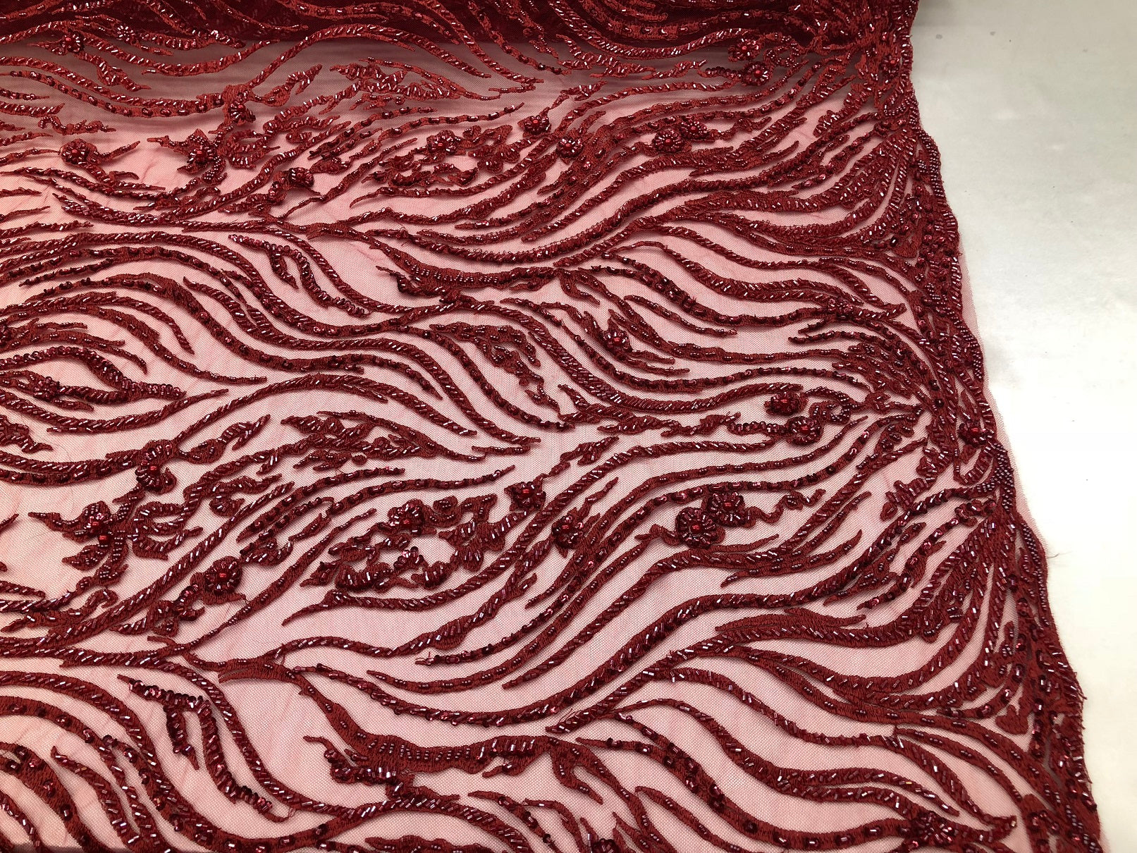 Beaded Zebra Pattern Fabric Burgundy Embroidered Hand beaded Lace Design Fabrics By The Yard
