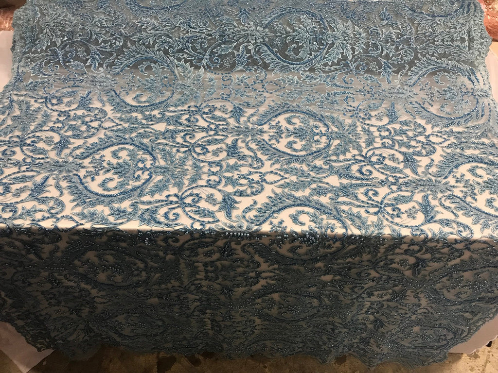 Embroided - Baby Blue Beaded Damask Pattern Fabric Embroidery Lace Design Fabrics Sold By The Yard