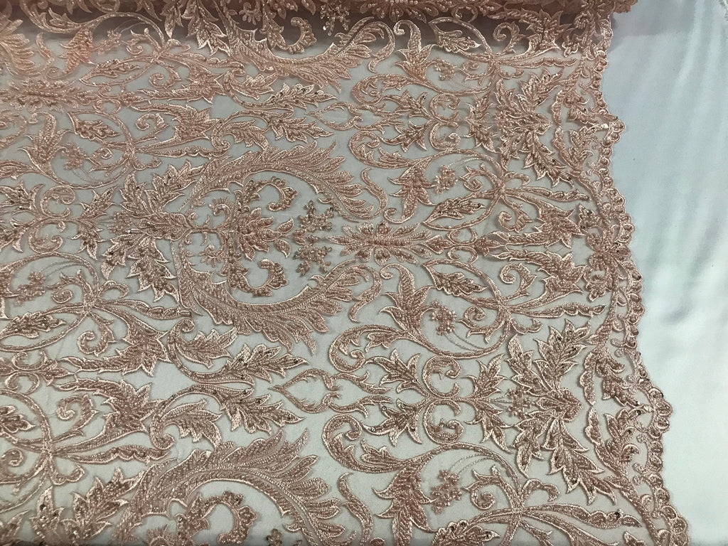 Embroided - Blush Peach Beaded Damask Pattern Fabric Embroidery Lace Design Fabrics Sold By The Yard
