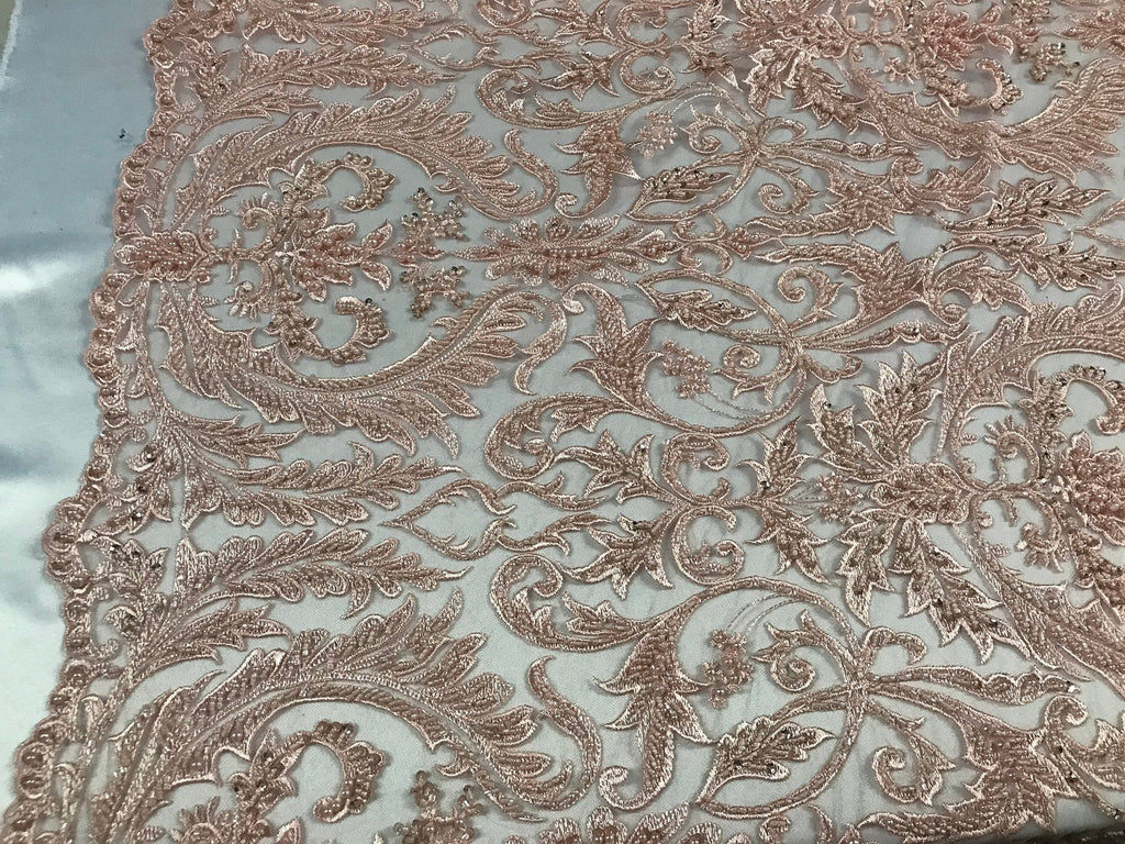 Embroided - Blush Peach Beaded Damask Pattern Fabric Embroidery Lace Design Fabrics Sold By The Yard