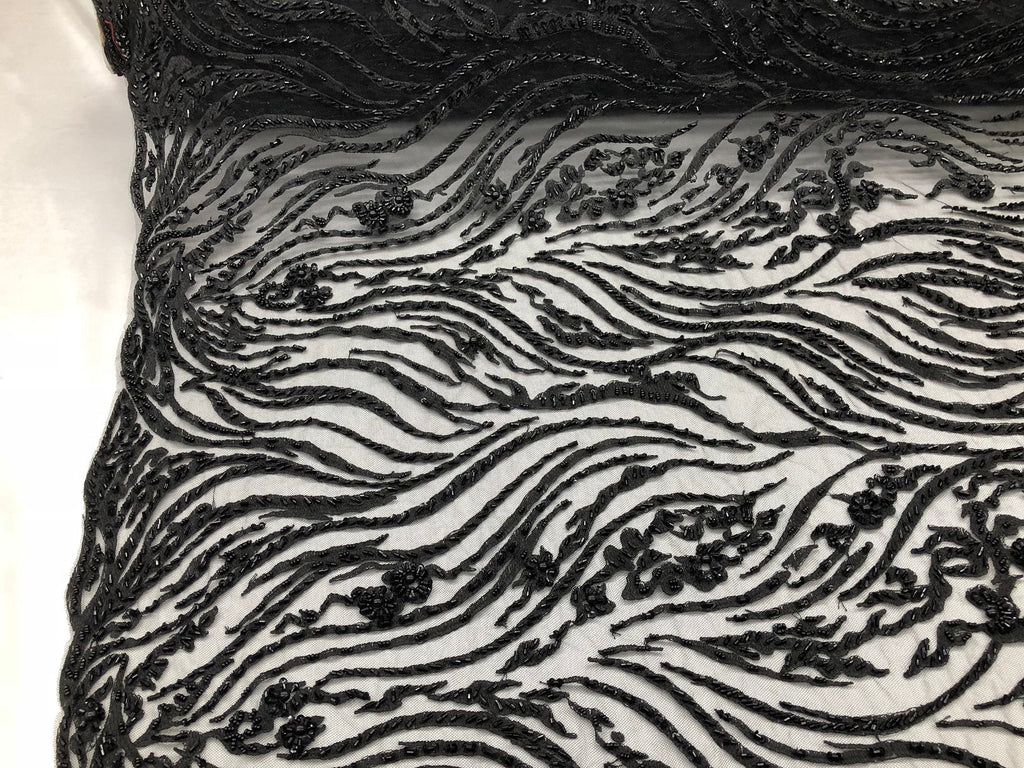 Beaded Zebra Pattern Fabric Black Embroidered Hand beaded Lace Design Fabrics By The Yard