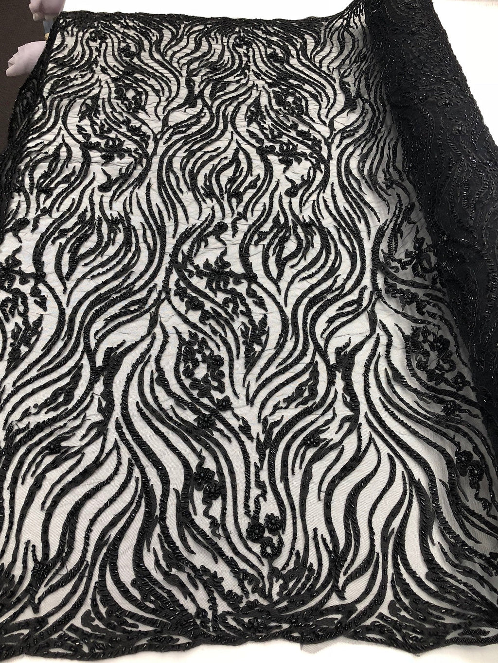Beaded Zebra Pattern Fabric Black Embroidered Hand beaded Lace Design Fabrics By The Yard