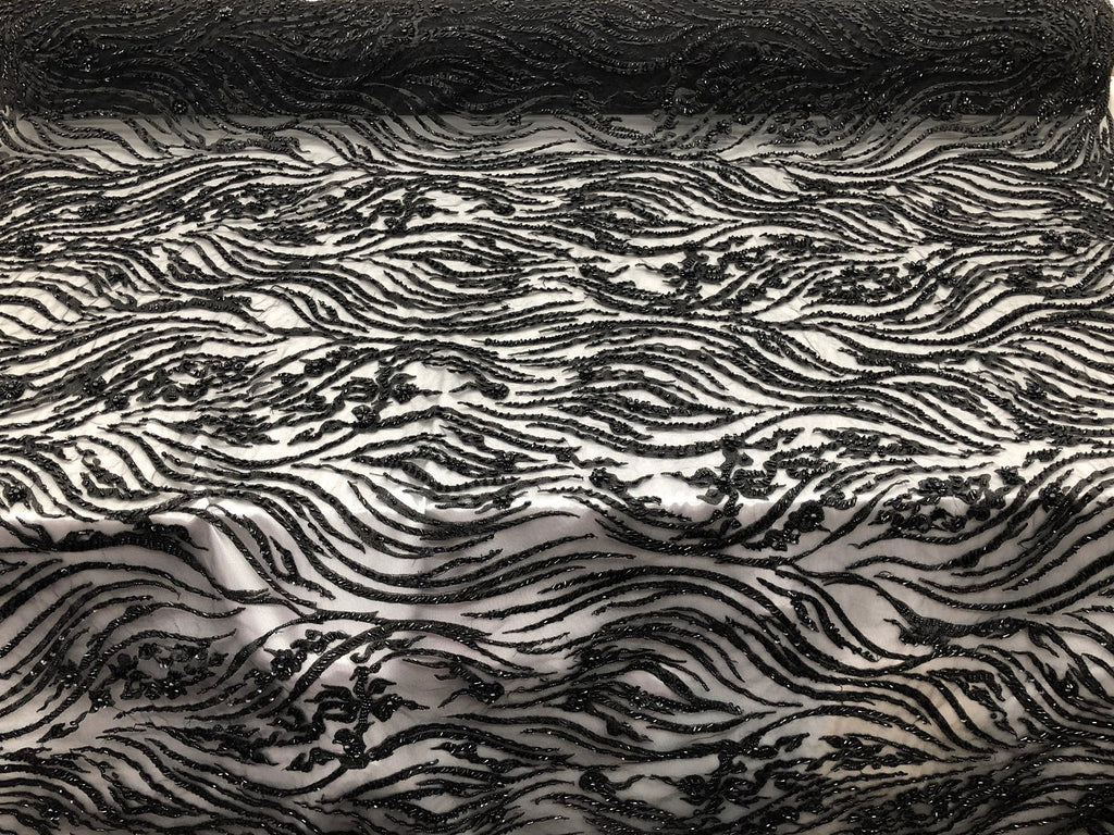 Beaded Zebra Pattern Fabric Black Embroidered Hand beaded Lace Design Fabrics By The Yard
