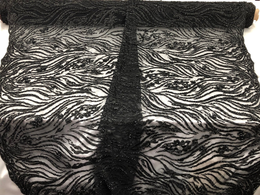 Beaded Zebra Pattern Fabric Black Embroidered Hand beaded Lace Design Fabrics By The Yard