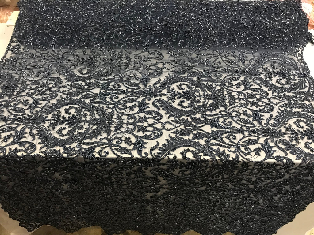 Embroided - Navy - Beaded Damask Pattern Fabric Embroidery Lace Design Fabrics Sold By The Yard