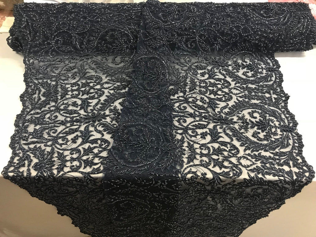 Embroided - Navy - Beaded Damask Pattern Fabric Embroidery Lace Design Fabrics Sold By The Yard