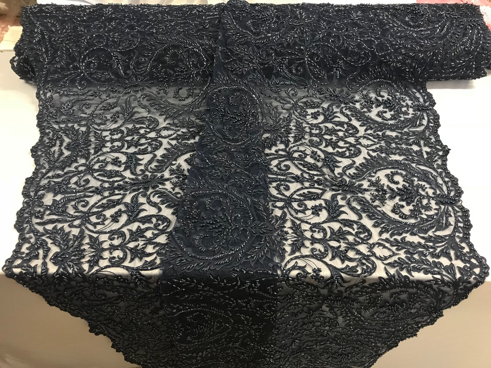 Embroided - Navy - Beaded Damask Pattern Fabric Embroidery Lace Design Fabrics Sold By The Yard