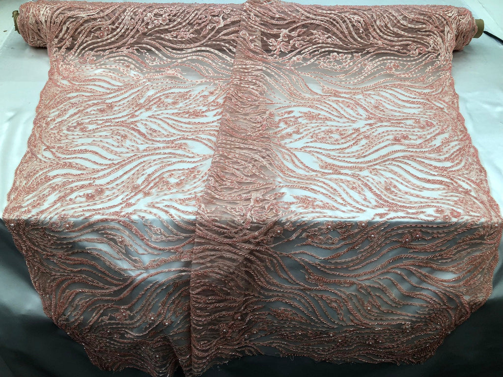 Beaded Zebra Pattern Fabric Pink Embroidered Hand beaded Lace Design Fabrics By The Yard