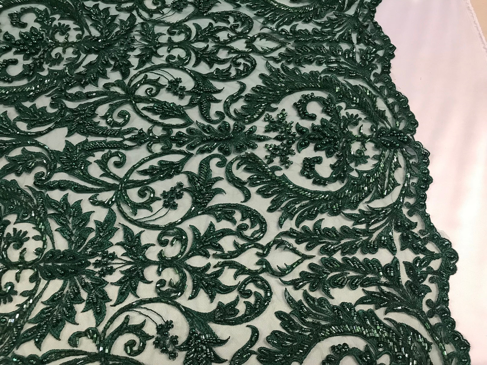 Embroided Hunter Green Beaded Damask Pattern Fabric Embroidery Lace Design Fabrics Sold By The Yard
