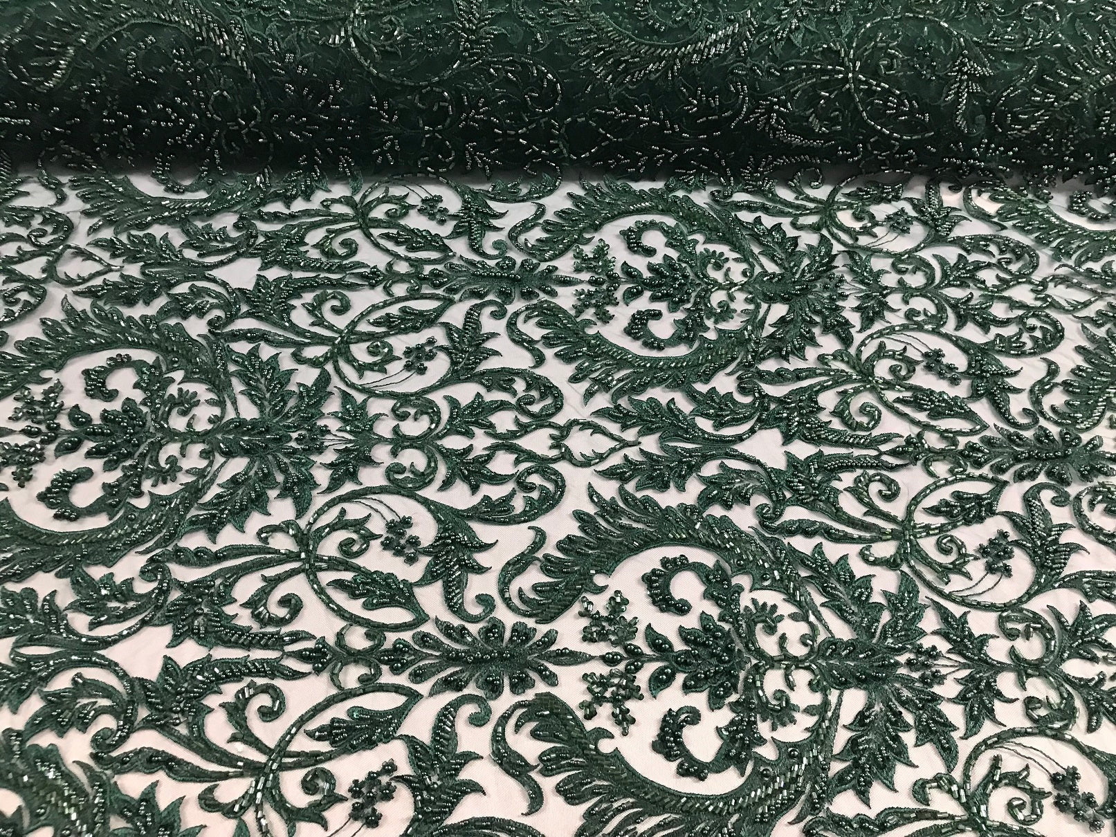Embroided Hunter Green Beaded Damask Pattern Fabric Embroidery Lace Design Fabrics Sold By The Yard