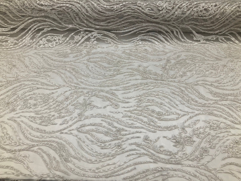 Beaded Zebra Pattern Fabric White Embroidered Hand beaded Lace Design Fabrics By The Yard