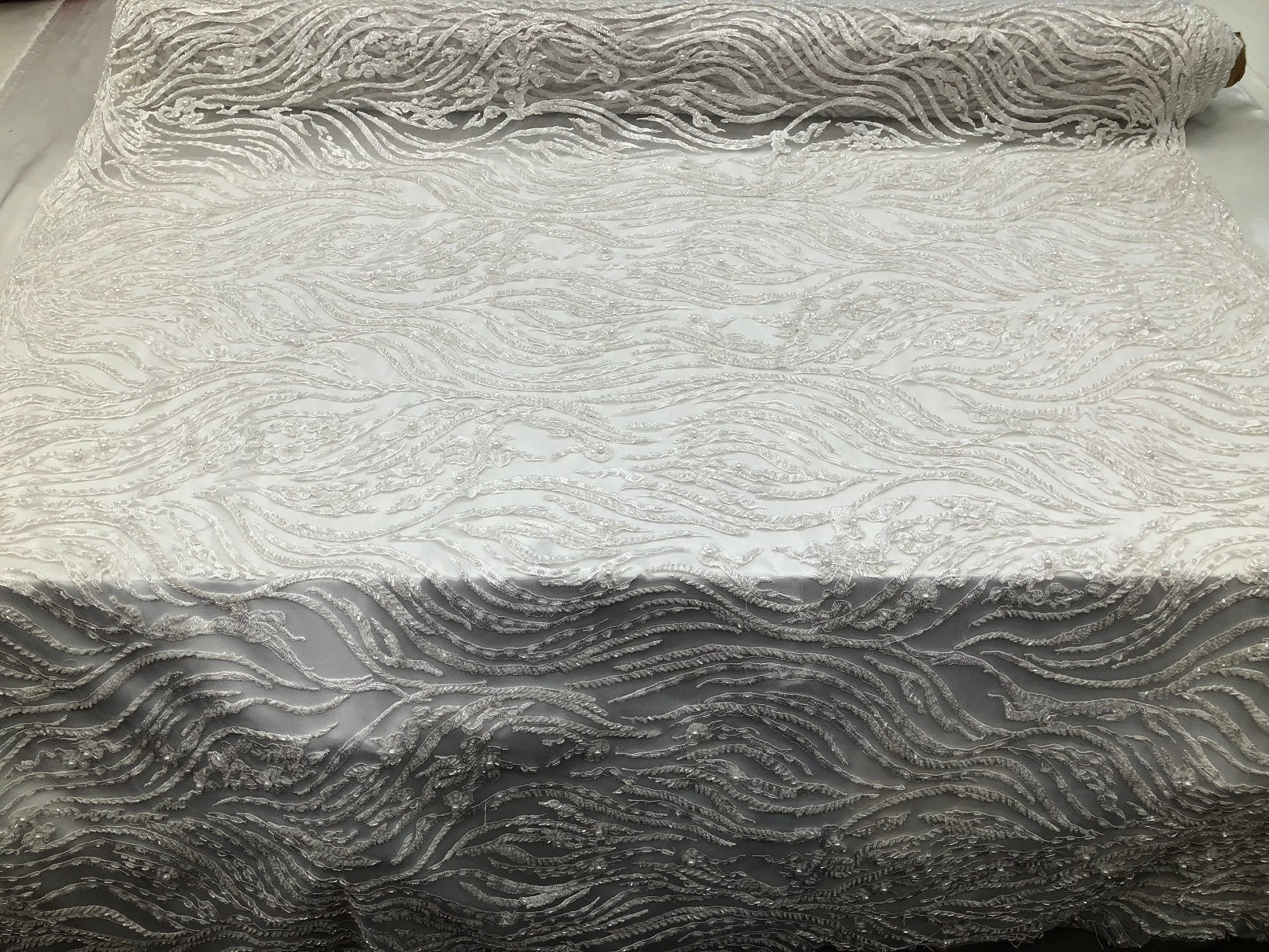 Beaded Zebra Pattern Fabric White Embroidered Hand beaded Lace Design Fabrics By The Yard