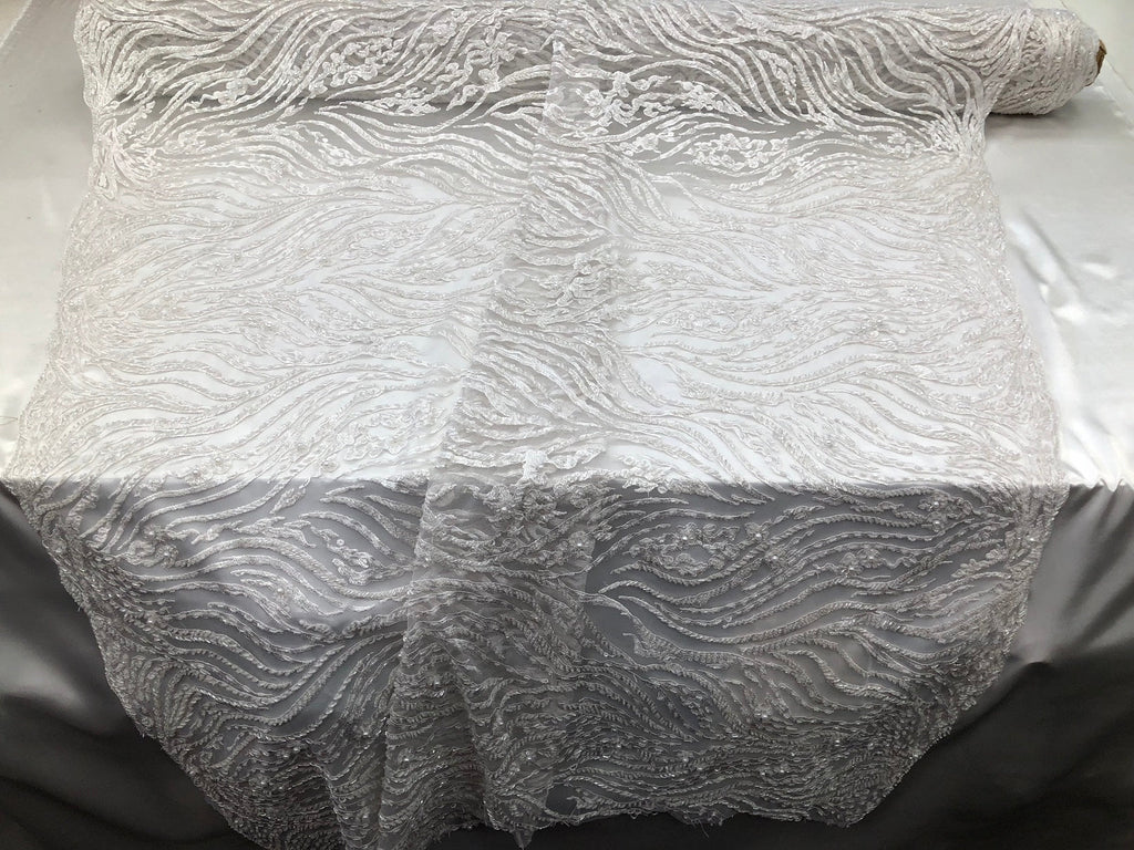 Beaded Zebra Pattern Fabric White Embroidered Hand beaded Lace Design Fabrics By The Yard