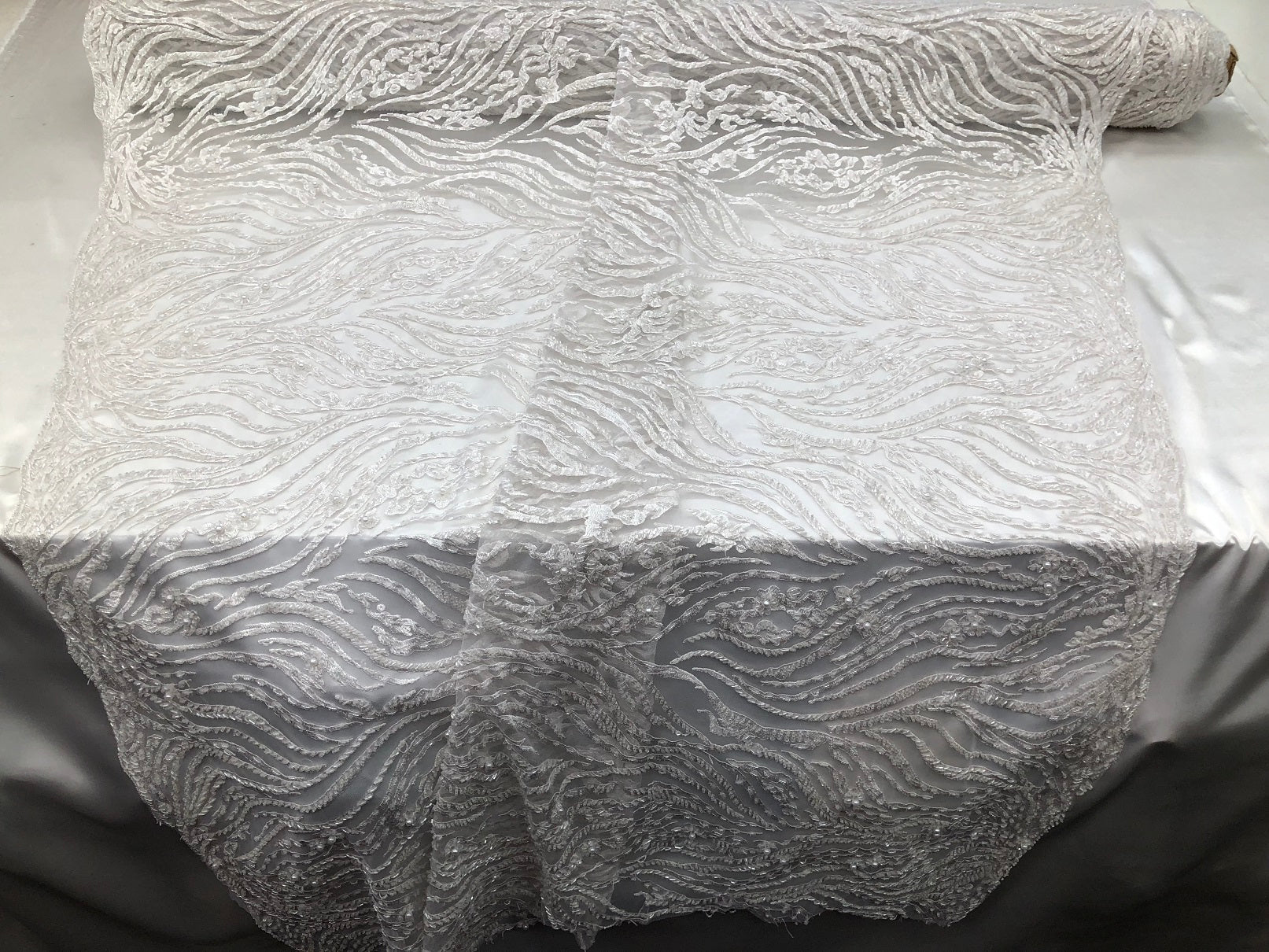 Beaded Zebra Pattern Fabric White Embroidered Hand beaded Lace Design Fabrics By The Yard