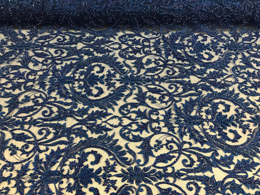 Embroided - Royal Blue Beaded Damask Pattern Fabric Embroidery Lace Design Fabrics Sold By The Yard