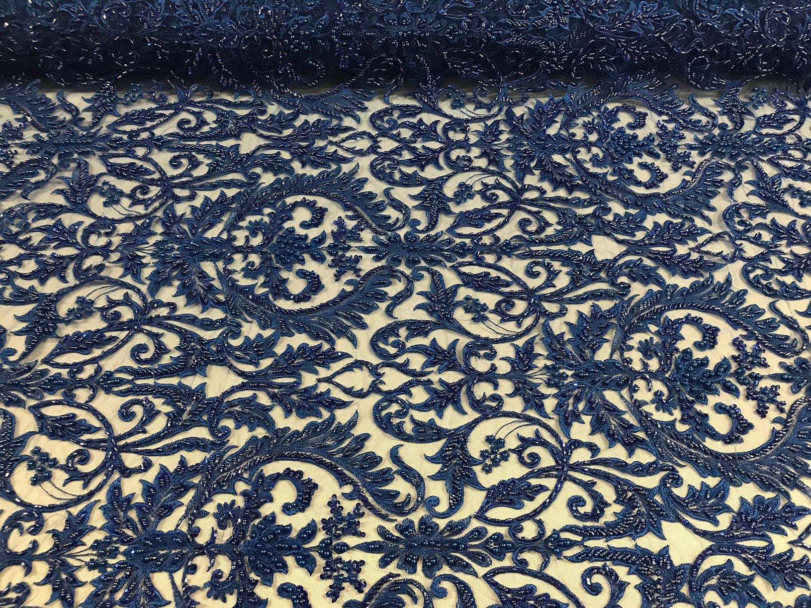 Embroided - Royal Blue Beaded Damask Pattern Fabric Embroidery Lace Design Fabrics Sold By The Yard