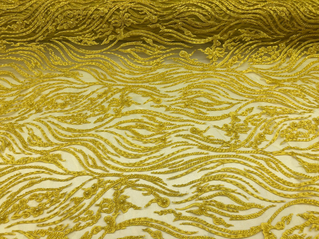 Beaded Zebra Pattern Fabric Yellow Embroidered Hand beaded Lace Design Fabrics By The Yard