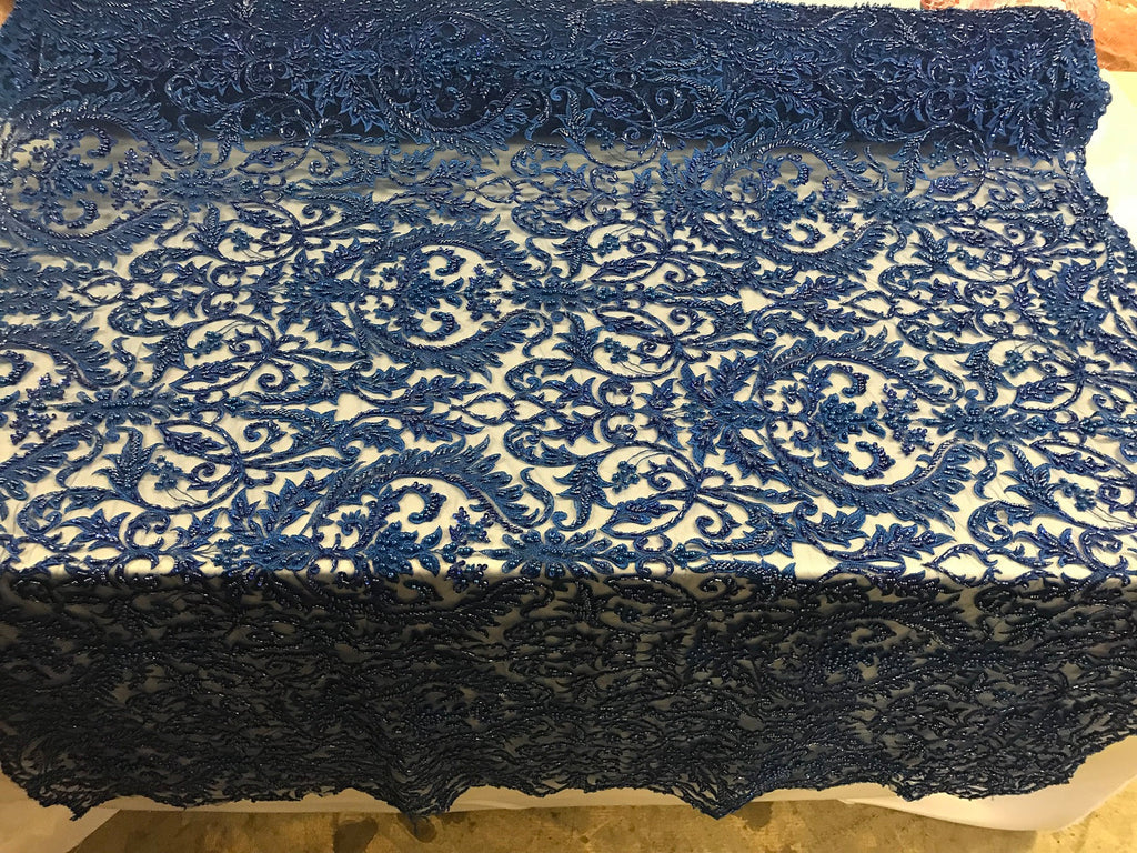 Embroided - Royal Blue Beaded Damask Pattern Fabric Embroidery Lace Design Fabrics Sold By The Yard