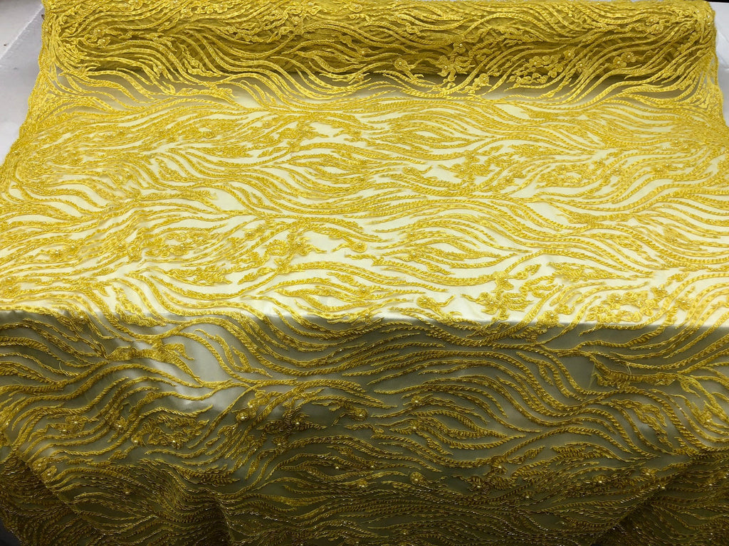 Beaded Zebra Pattern Fabric Yellow Embroidered Hand beaded Lace Design Fabrics By The Yard