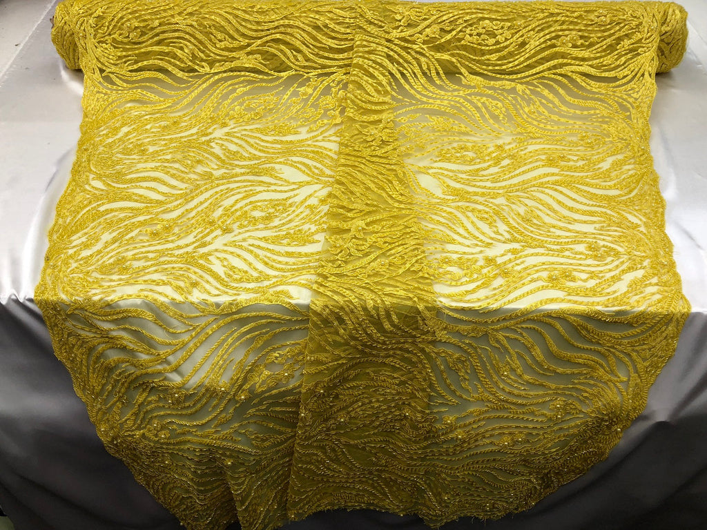 Beaded Zebra Pattern Fabric Yellow Embroidered Hand beaded Lace Design Fabrics By The Yard