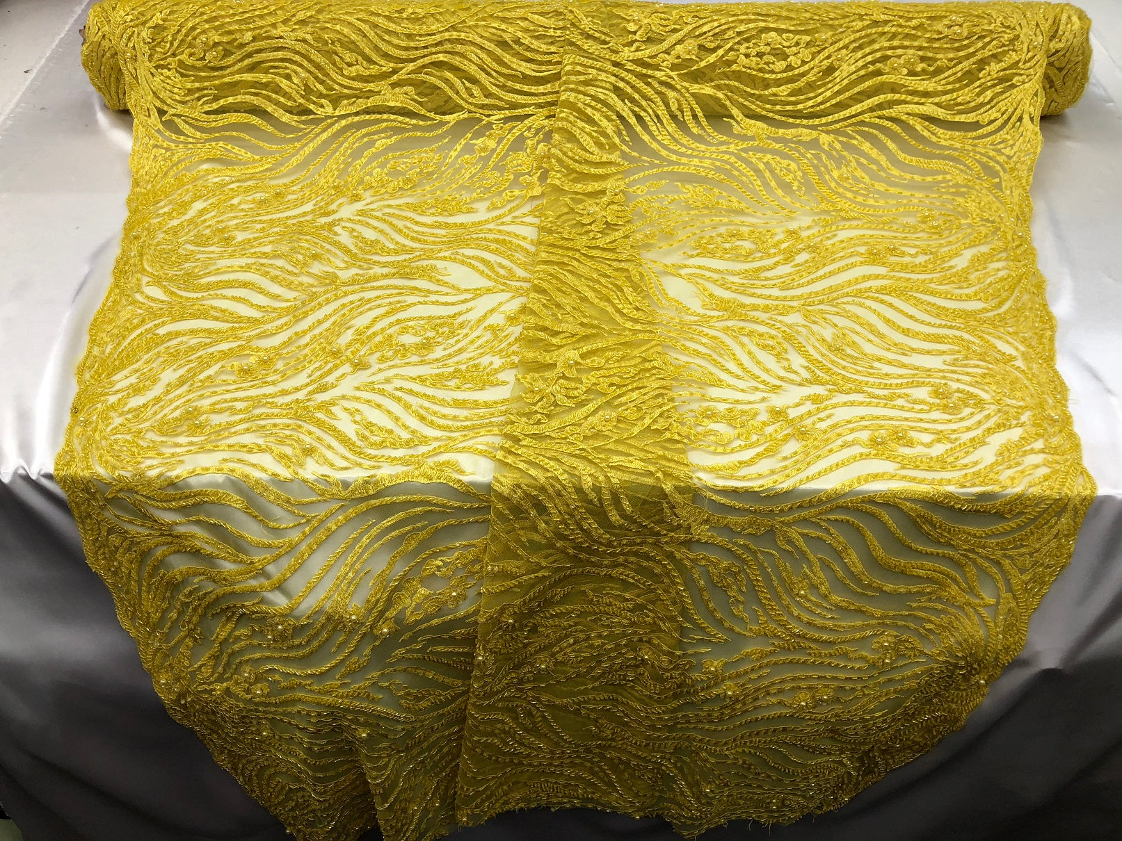 Beaded Zebra Pattern Fabric Yellow Embroidered Hand beaded Lace Design Fabrics By The Yard