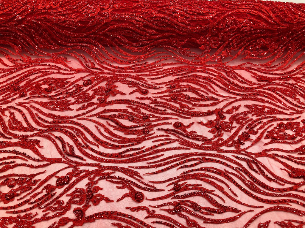 Beaded Zebra Pattern Fabric Red Embroidered Hand beaded Lace Design Fabrics By The Yard